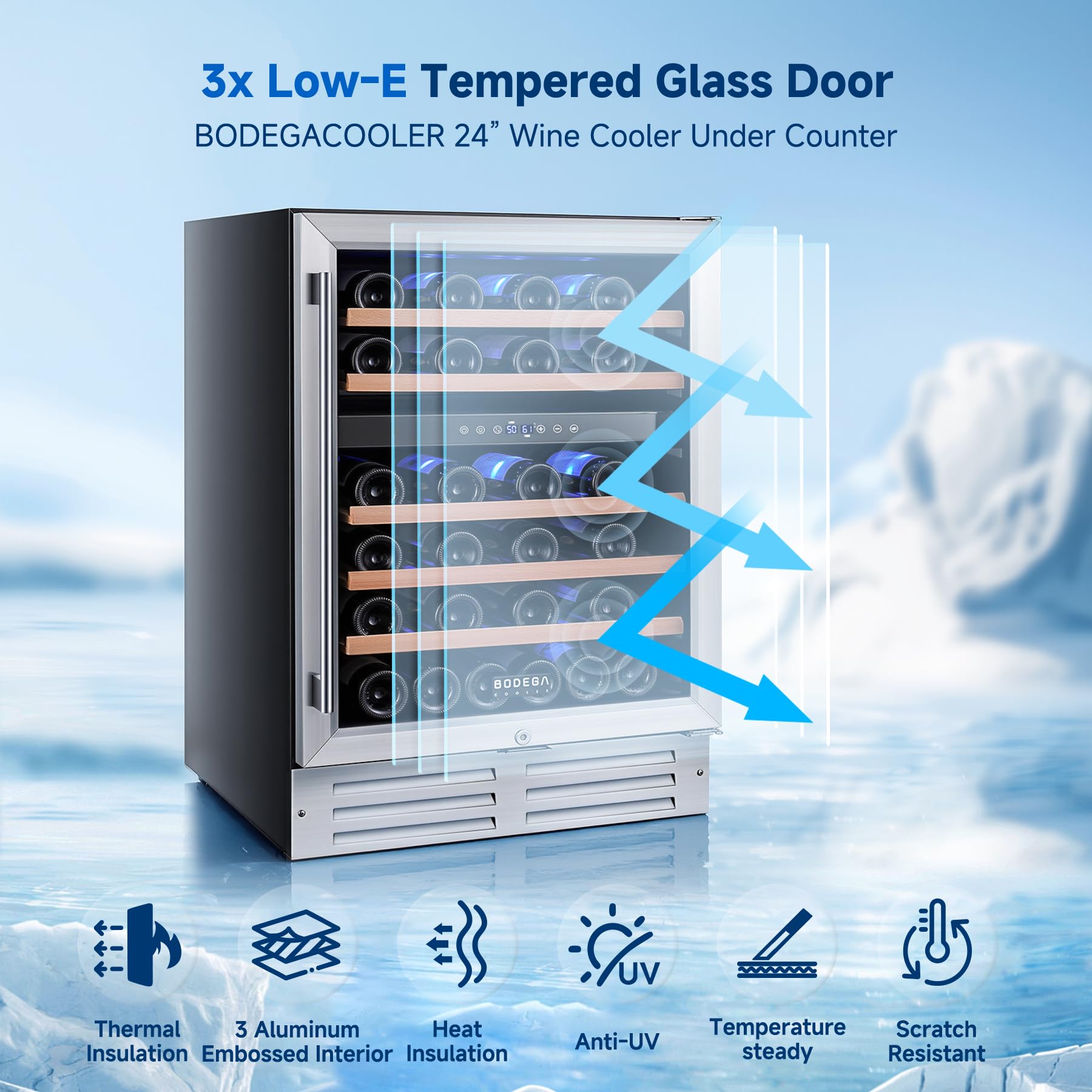 BODEGA 24 Inch Wine Fridge, 46 Bottle Wine Cooler Refrigerator, 41-72°F Wine Refrigerator Glass Door, Blue LED Wine Fridge, Built-In Or Freestanding Fridge For Home/Bar/Kitchen (5.3 Cu.Ft) on Fridge.com - View 6