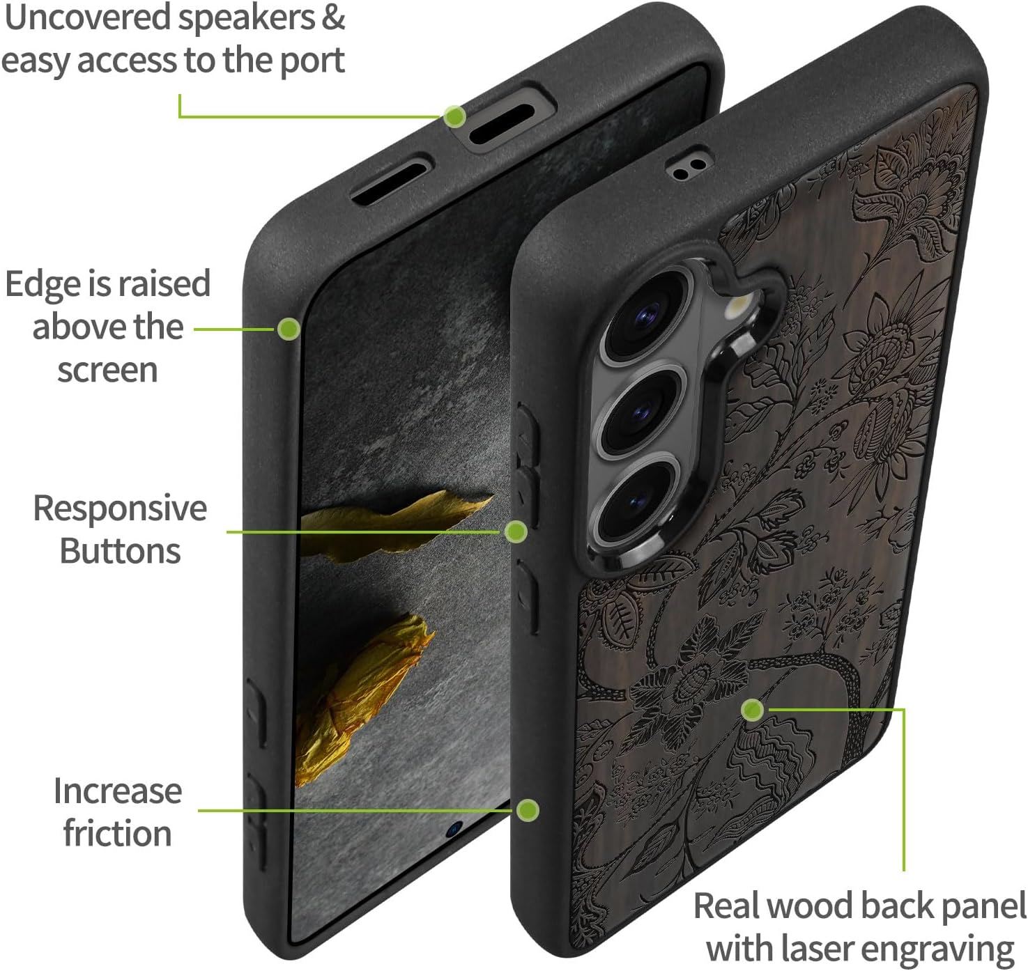 Carveit Magnetic Wooden Case for Galaxy S26+ Samsung S26 Plus Case, TPU Shockproof Cover & Wood Engraved, Compatible with MagSafe Wireless Chargers (Vintage Fantasy Flowers) Blackwood
