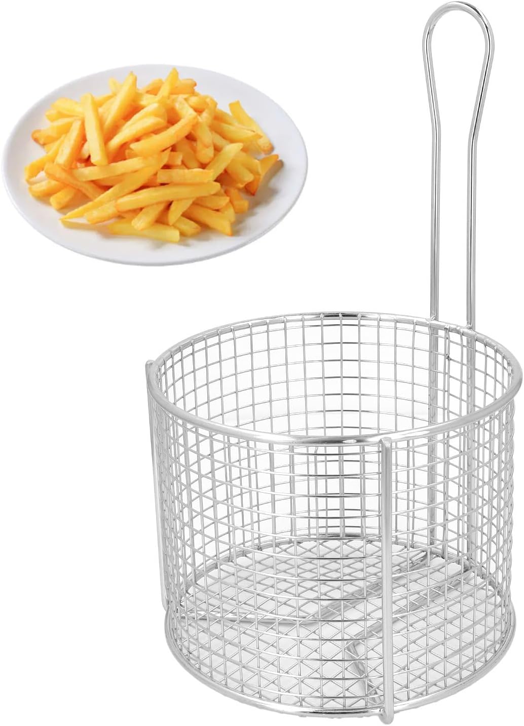 Round Stainless Steel Deep Fryer Basket, French Chip Frying Basket with Long Handle for Frying French Fries,Chickens,and Boiling Vegetable (Sparse Mesh)
