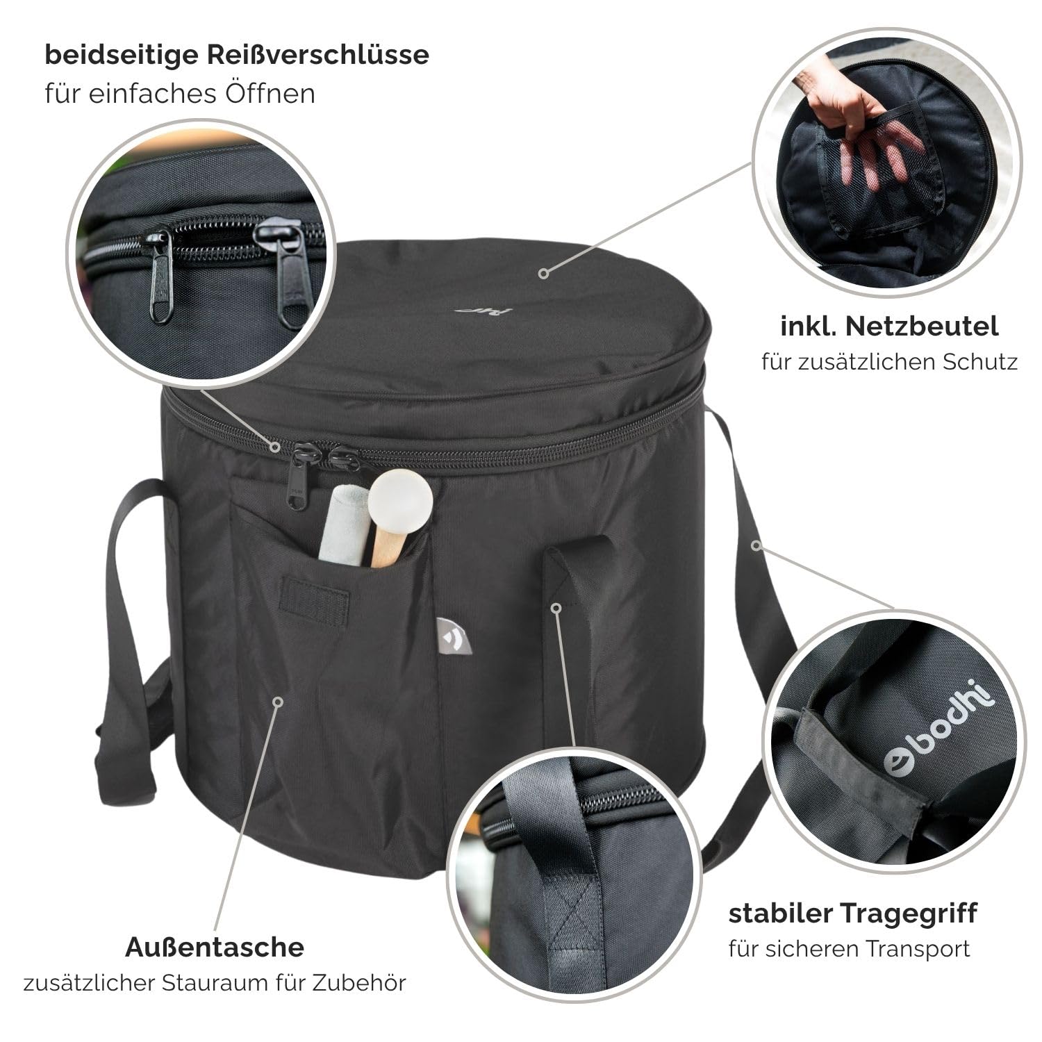 Bodhi Gepolsterte Tasche für Kristallklangschale Ø 30,5 cm | Extra Dicke Tragetasche für Quarzklangschale | Aufbewahrungstasche für Crystal Singing Bowl | Inkl. Außentasche für Schlägel