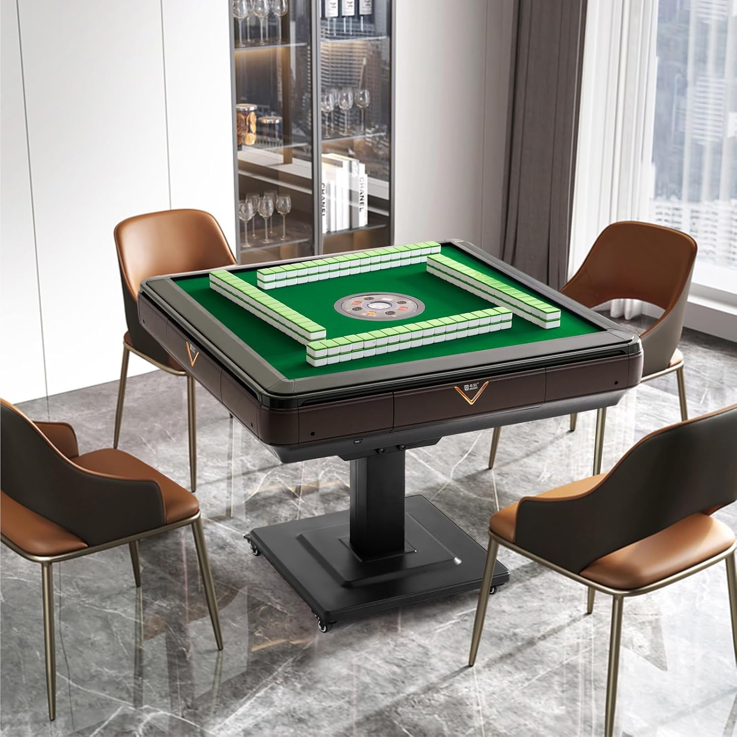 Automatic Mahjong Table Foldable 44mm Tiles with Wheel with 2 Sets of Numbered Tiles (Blue & Green) Suitable for 152 Tiles Chinese, Filipino and American Style Mah Jong
