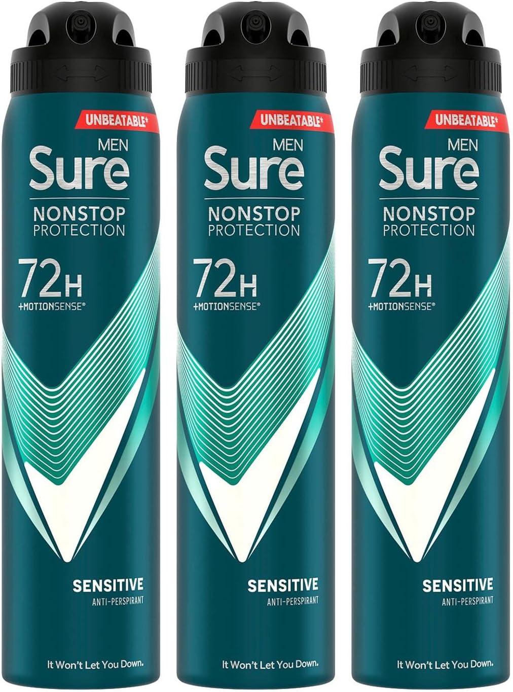Sure Antiperspirant 72H Nonstop Sweat and Odour Protection Alcohol-Free Body Spray Anti-White Marks with Fresh and Sporty Scent Multi Fragrance Deodorant for Men, 250ml (Sensitive, Buy 3)