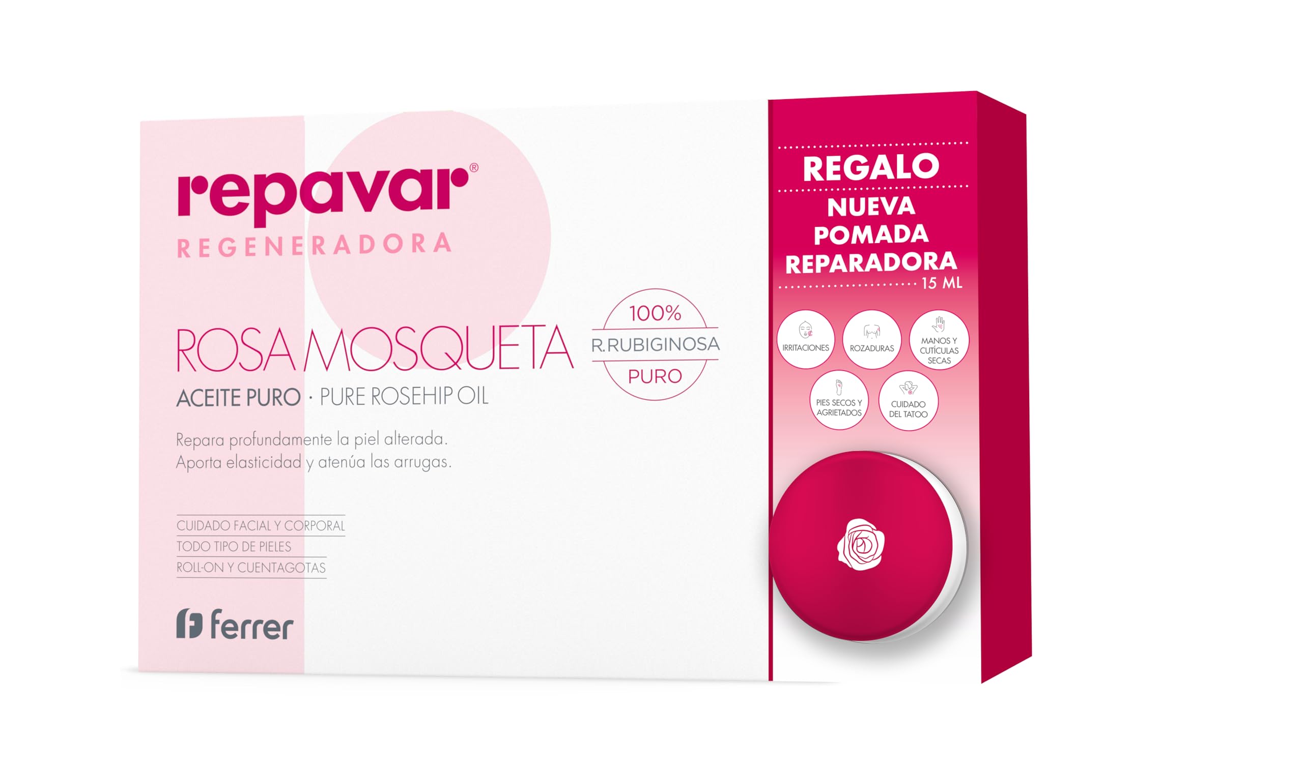 Repavar Regeneradora Aceite Puro Rosa Mosqueta 15 ml y Pomada Reparadora 15 ml de Regalo, el Aceite Regenera y Repara la Piel con Cicatrices, la Pomada Repara las Irritaciones y Erosiones