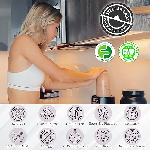Miniatura 3 de Stellar Labs Proteína de suero en polvo con BCAA y aislado de suero Certificado bajo en FODMAP, sin OMG, sin gluten, sin soja, bajo
