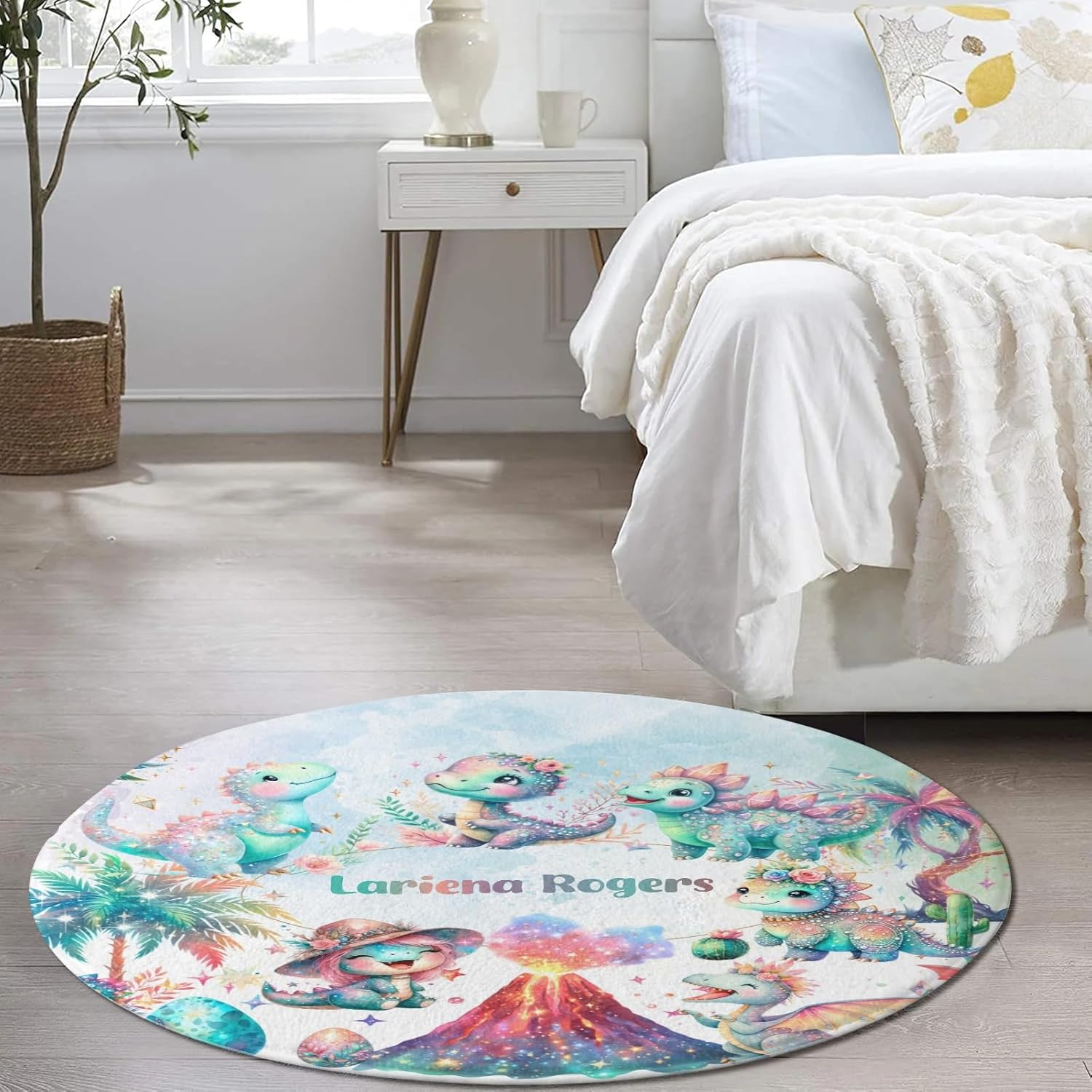 Custom Name Washable Round Area Rug, Dino Girl Fantasy Landscape Non-Slip Round Rugs 80CM-Soft Flannel Circle Carpet for Living Room Bedroom Kitchen Nursery,Dinosaur for Boys Girls