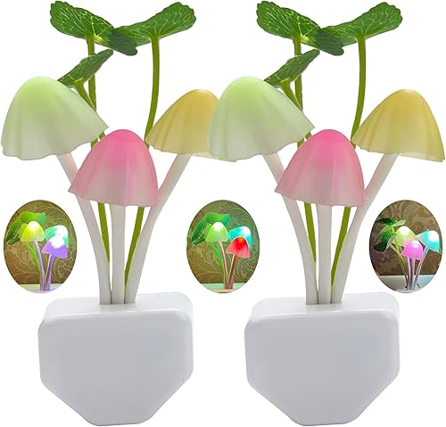 Paquete de 2 luces LED nocturnas con sensor, cambio de color, lámpara de cama de sueño de hongos para niños y adultos, sensor de atardecer a