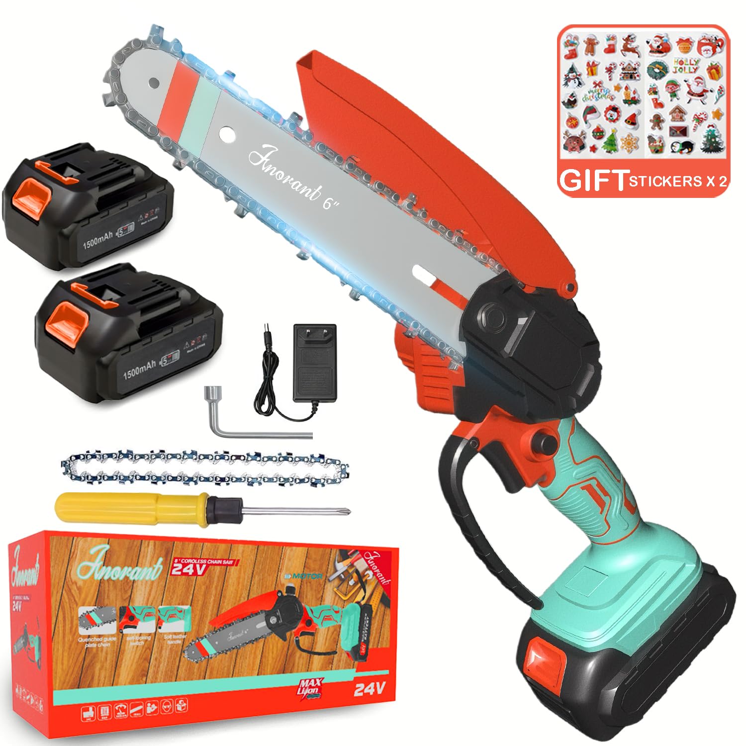 Mini Cordless Electric Chainsaw, 6-Inch High Carbon Steel Blade, Battery-Powered, 21V with Safety Lock, Wood Cutting, 45-Degree Angle, 3.5 lbs (Orange-Blue Dual-Power Standard)