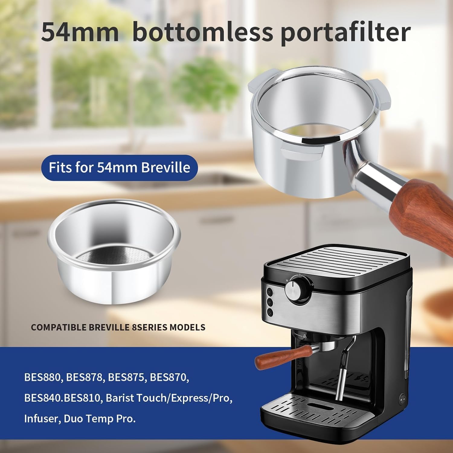 54mm 3 Ear Bottomless Portafilter for Breville BES870/878/880/876/840/820 Series Espresso Machines - Rosewood Handle with 304 Stainless Steel Filter Basket - Image 6
