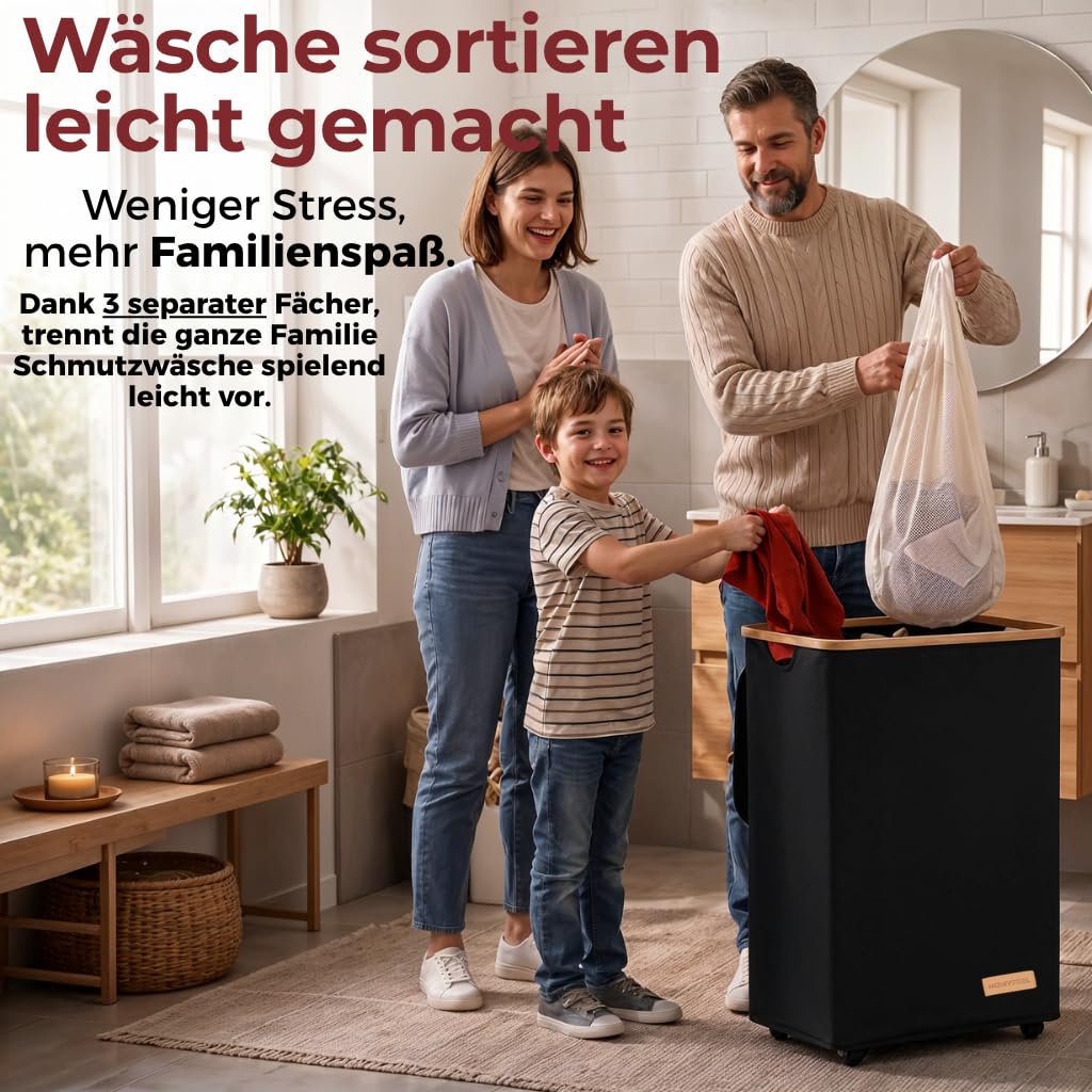 HomyFeel - Wäschekorb 3 Fächer rollbar, 160L Wäschesammler mit Deckel, Wäschesortierer groß, Oxford Gewebe, herausnehmbarer wäschesack, Wäschebox auf Rollen, Griffe aus Bambus, 57x37,5x79cm, Schwarz