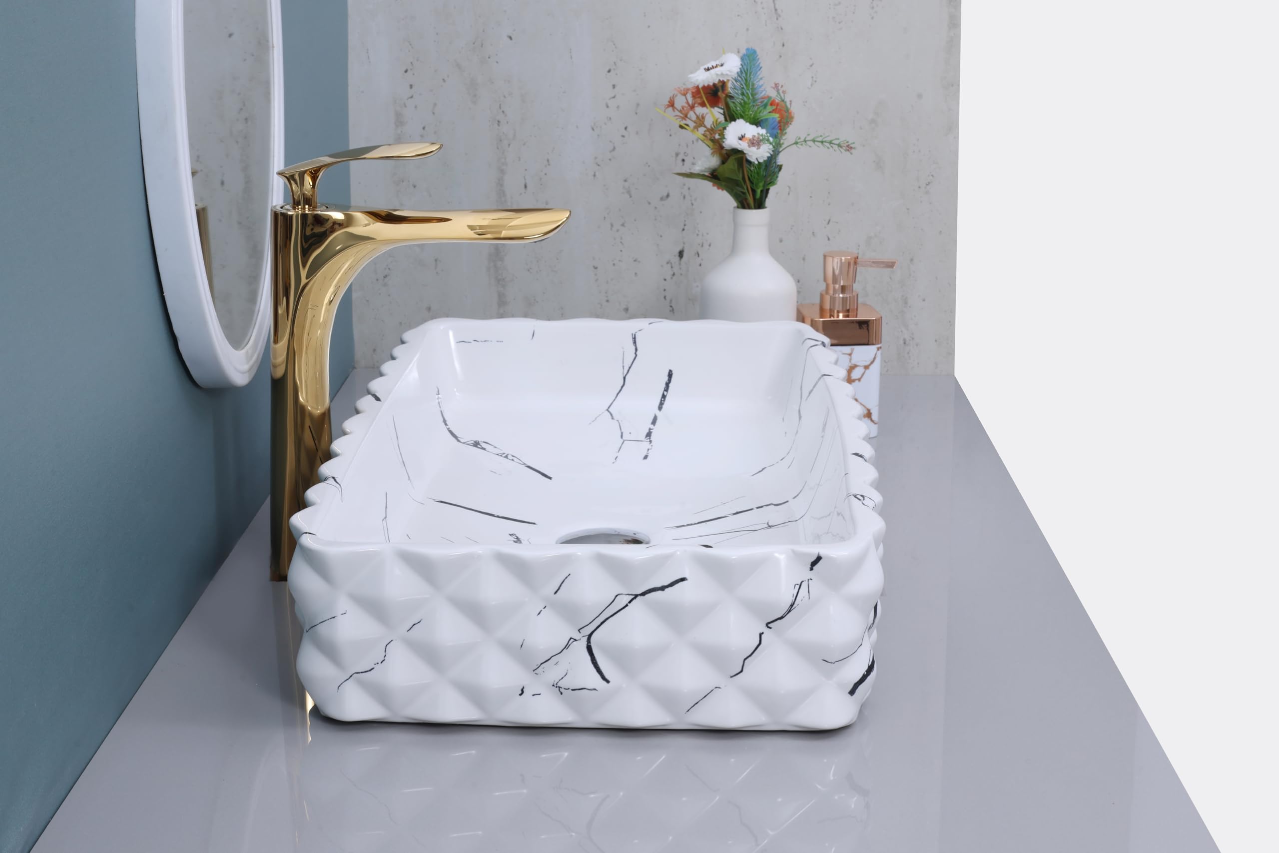 HISRE Designer Glossy Finish Table Top Ceramic Wash Basin Vessel Sink with Slim Rim Deer Design 18 x 24 x 4.5 Inch Style - 6, photo 3 of 4