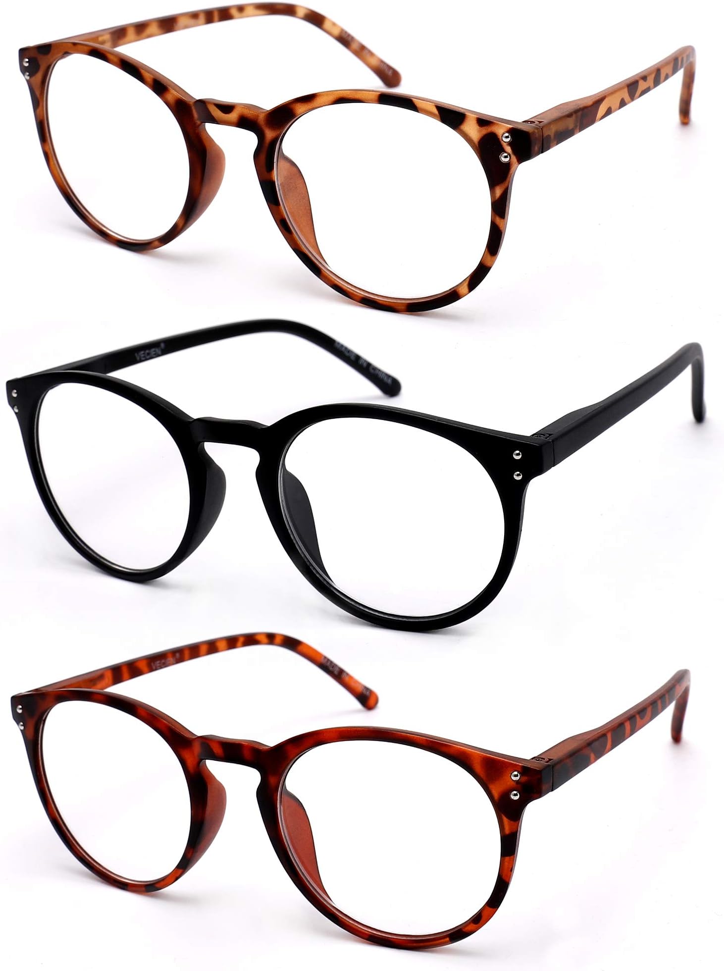 Vecien Reading Glasses 3-Pack Matte Finish Readers for Fresh Feel, Crystal Lens Give You Ultra Clear Vision,Spring Hinges Pattern Design for Men & Women !