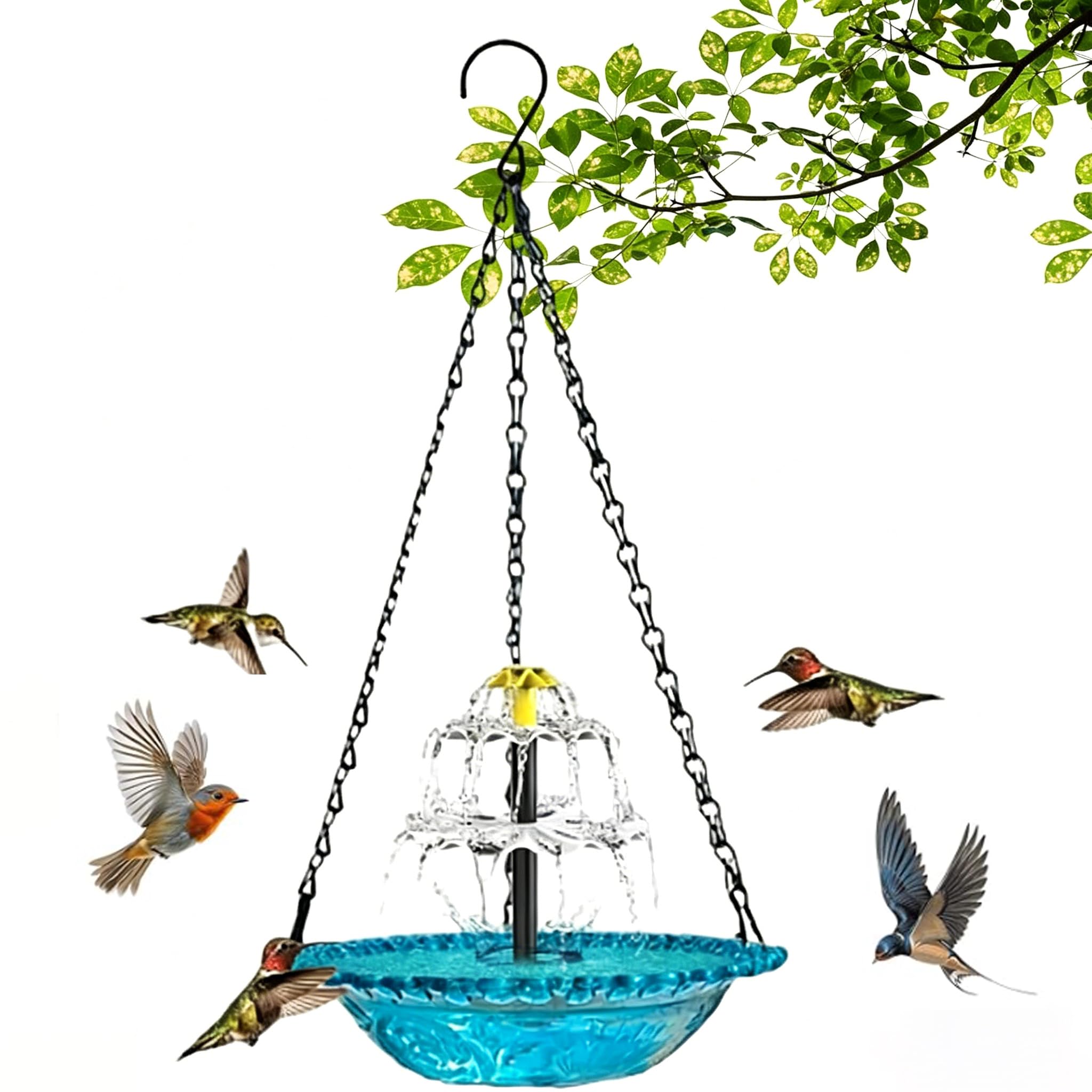Solar Cascade Hanging Bird Bath Fountain, 3 Layers Outdoor Water Feature with Solar Powered Pump, Easy-Clean Glass Basin, Attracts Hummingbirds & Wild Birds for Garden Patio Backyard (Blue)