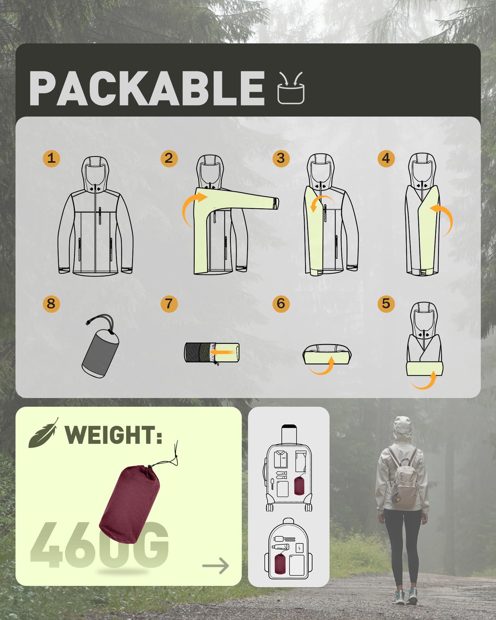 33,000ft Chubasquero para mujer, resistente al agua, chaqueta de exterior, transpirable, chaqueta de entretiempo, chaqueta ligera con capucha, cortavientos, para senderismo, viajes, senderismo y