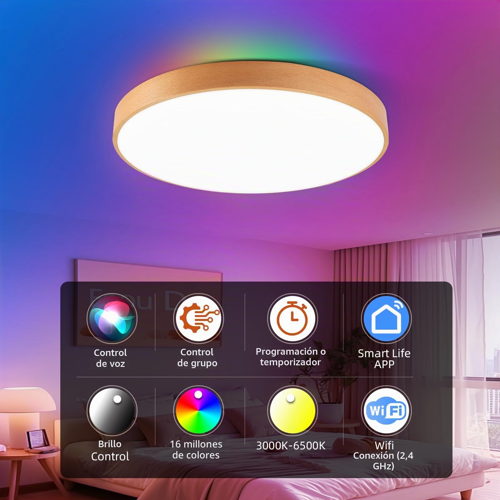Plafón LED WIFI Inteligente Compatible con Alexa Google Home | 28W, 28CM, Material de Haya Natural, Color Ajustable, RGB, Mando a Distancia, para la Sala de Estar del Dormitorio