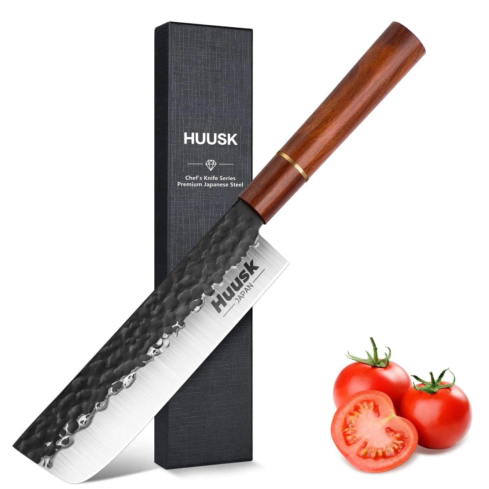 Huusk Japan Knife, Nakiri Knife Japanese Vegetable Knives 7 Inch, Multipurpose Asian Kitchen Chef Knives,Hand Forged High Carbon Steel Sharp Cleaver, Ergonomic Rosewood Handle, Christmas Gifts for Men