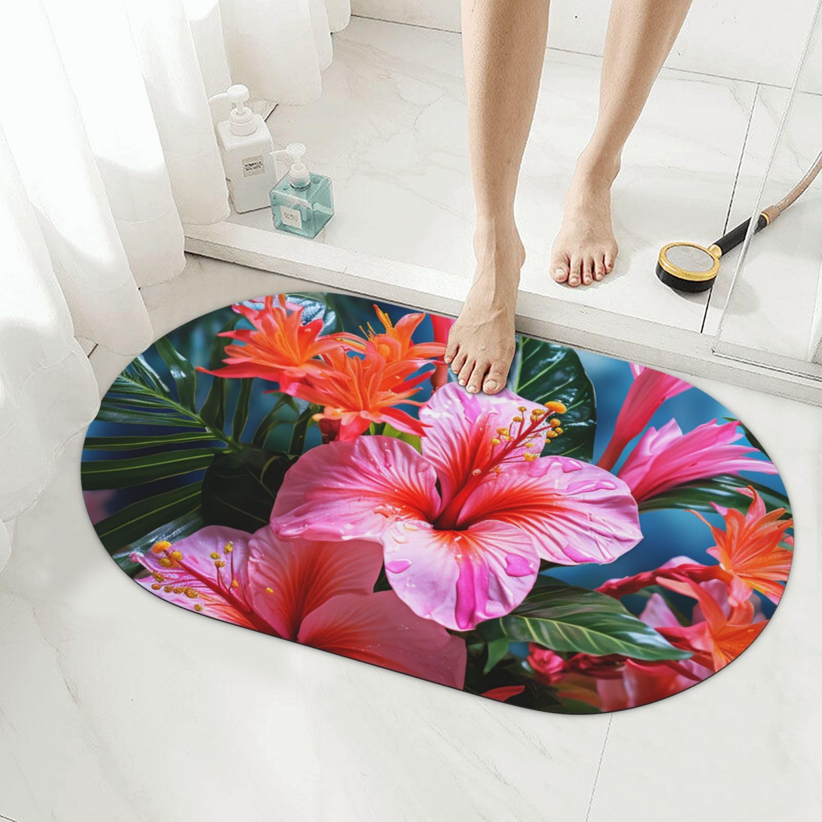 Tapis de bain en terre de diatomée super absorbant et plante rose