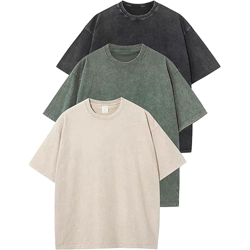 Flygo 3 Pack Men Oversized T Shirts Acid Washed Unisex Tee Loose Fit Short Sleeve Casual Streetwear Baggy Basic Tops