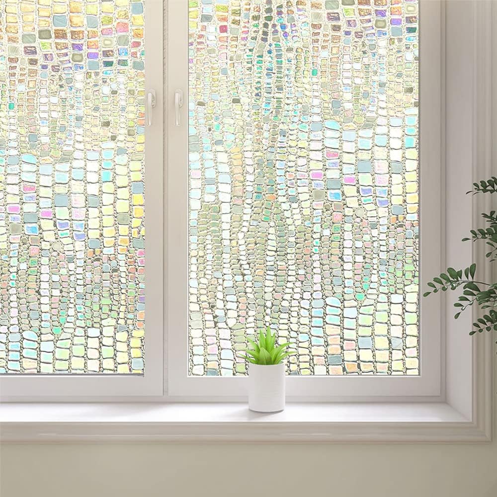 3D Rainbow Window Film, Frosted Privacy Glass Window Film, Vinyl Decorative Window Decals, Anti-UV Static Clings No-Glue Removable Window Sticker for Home Living Room (23.6 x 157.4 inch)