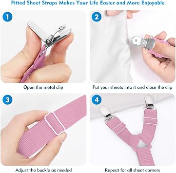Bed Sheet Straps, 2Pcs Elastic Adjustable Bed Sheet Holder Straps, Fitted Sheet Straps to Hold Sheets in Place with Metal Clips, Sheet Holders for Mattress Cover, Sheet, Sofa Cushion (Pink)