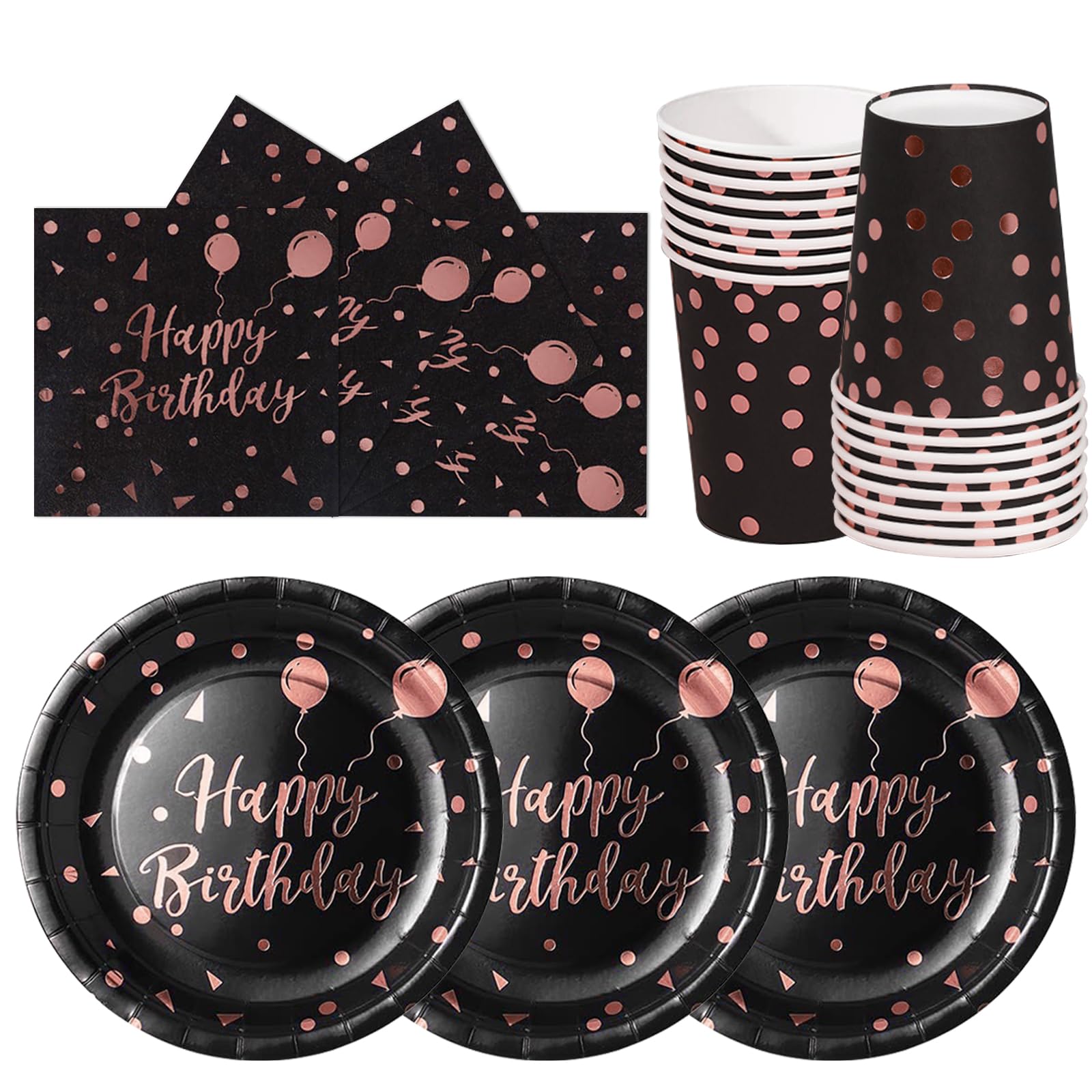 hailstones Black Rose Gold Dots Party Tableware Set for 24 Guests, Happy Birthday Party Plates Set, Disposable Plates Cups Napkins Paper Plates, Kids Men Birthday Decor — image 1