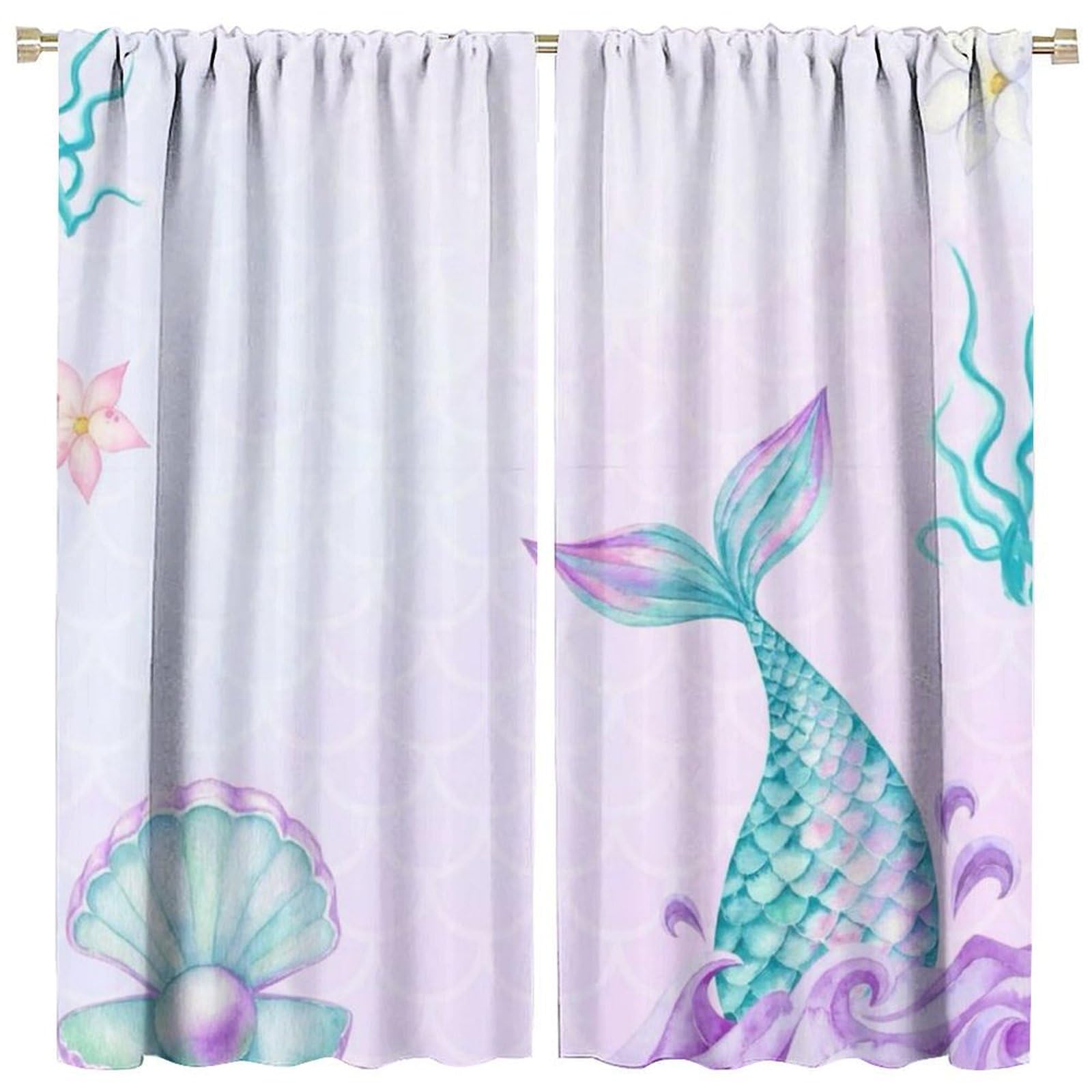 FEIRIVERDU Mermaid Curtains, Mermaid Curtains for Girls Bedroom, Girls Curtains for Bedroom, Mermaid Decor, Cartoon Watercolor Colorful Ocean Cute Mermaid Shell Pearl Underwater World W42xL63 Inch