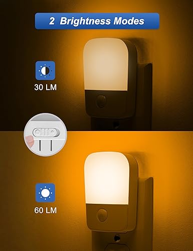 Miniatura 4 de Luces nocturnas ámbar enchufables a la pared, paquete de 2 luces LED de noche para dormitorio con sensor de atardecer a amanecer, brillo ajustable,