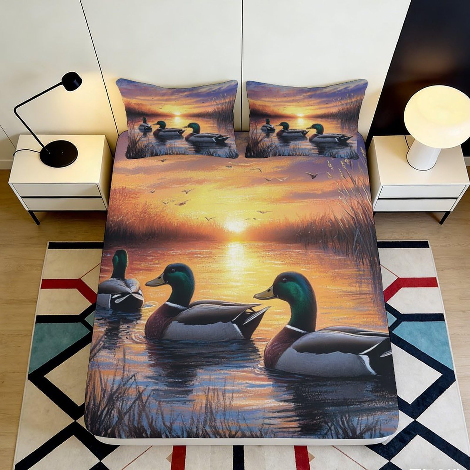 3D Printed Sunset Lake Fitted Sheet Microfiber Anti-Slip Duck Scene Bed Cover for Bedroom Guest Room Decor 90x200x25cm