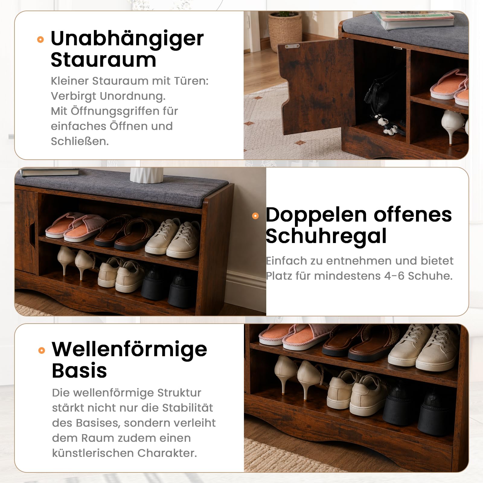 OC Orange-Casual Schuhbank, Schuhregal mit Stauraum&Sitzfläche, Schuhschrank mit 2 offene Fächern&Tür, bis zu 150 kg belastbar, eigenet Sich für Flur, Wohnzimmer, Büro, Braun