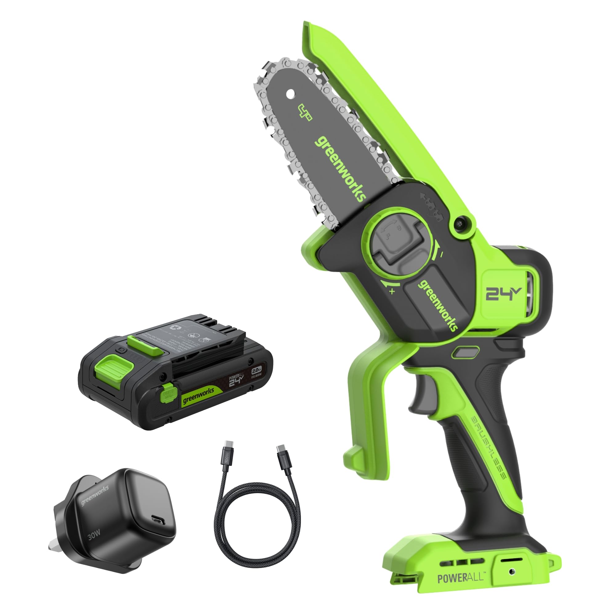 Greenworks 24V Mini Chainsaw Brushless 4in (10cm), Cordless Battery Chainsaw with Auto-Oil System, 7.8m/s Cutting Speed, Electric Saw with 2Ah Battery and 30W USB C Charger โ image 1