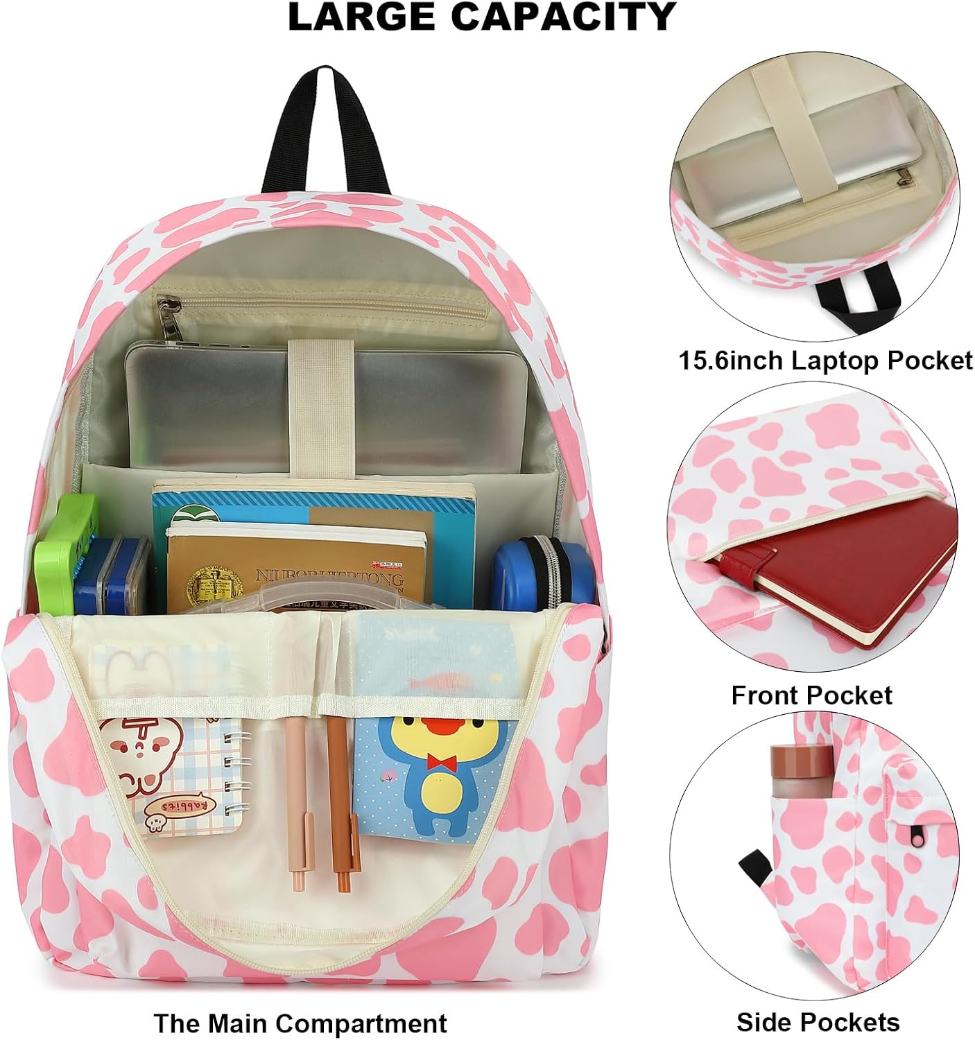 Cow Print School Backpack for Teen Girls, 3-in-1 Kids Backpack Bookbag Set School Bags with Lunch Box Pencil Case (Pink) - Image 3