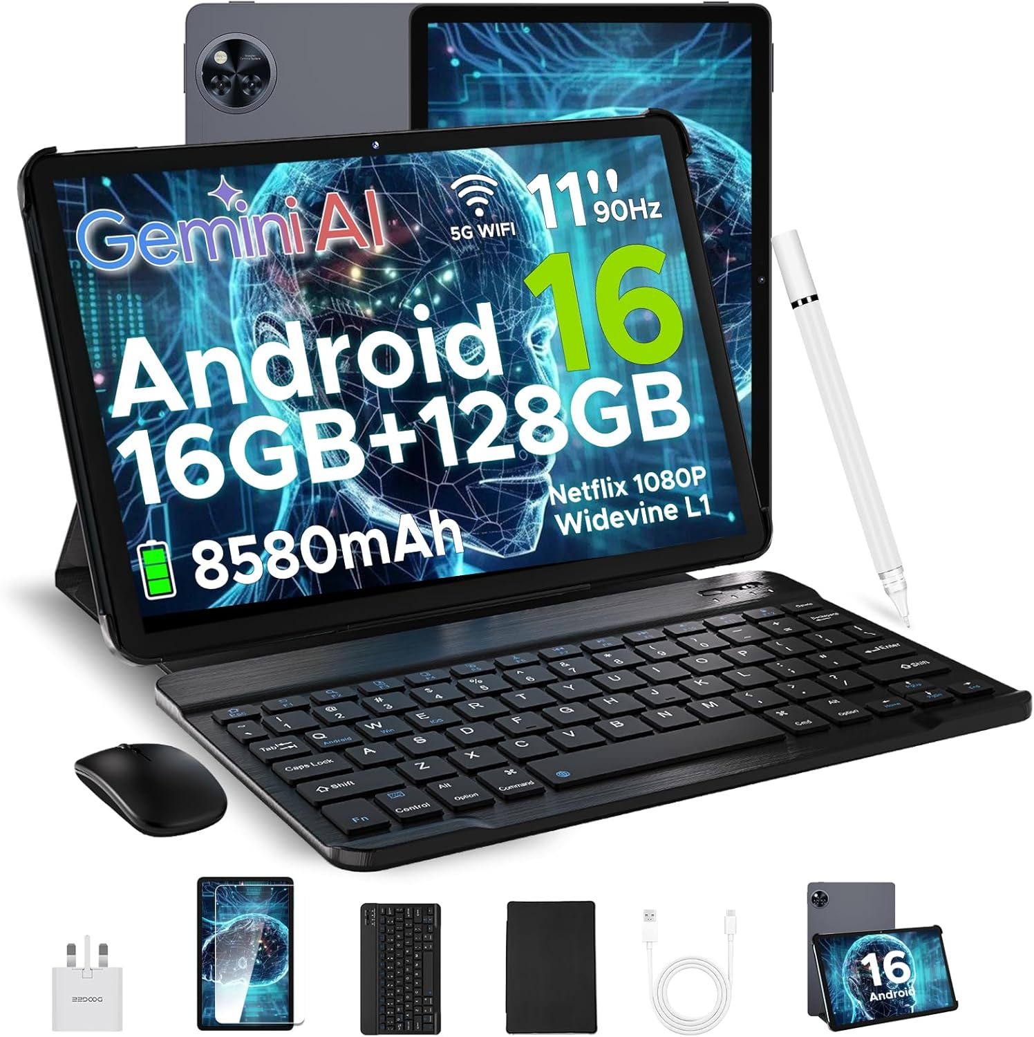 DOOGEE U11 2026 Newest Android 16 Tablet 11 Inch, Gemini AI Android Tablets Octa-Core 16GB RAM 128GB ROM(TF 2TB), 8580mAh Battery, Widevine L1|3.5mm Jack|GMS|5G WiFi Tablet with Keyboard&Pen