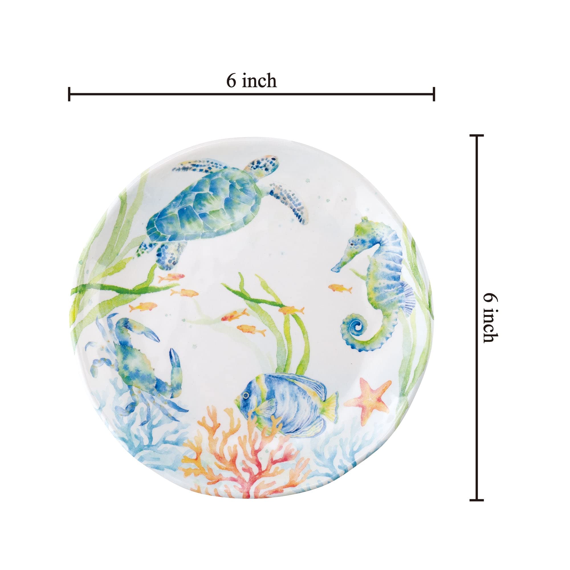 UPware 6-Piece Seahorse Melamine Salad Plates - 9 Inch, Sea Life Design, BPA-Free, Dishwasher Safe