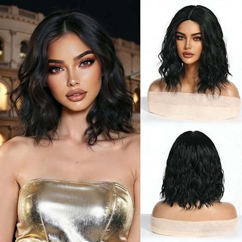 Lightweight Heat Resistant Black Short Wavy Curly Bob Real Human