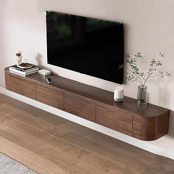 Solid Wood Floating TV Unit with LED Light,TV Console Floating Shelf with Drawers, Floating TV Shelves Wall Mounted TV Media Console for Living Room, Dining Room, Bedroom