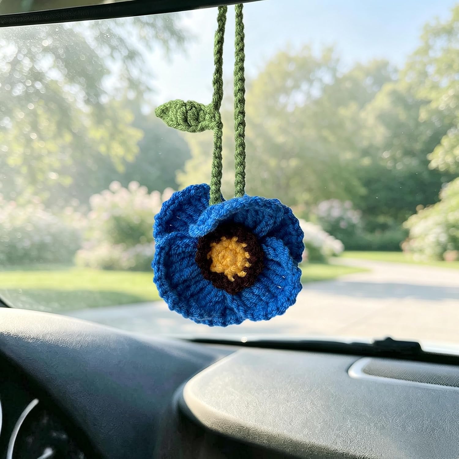 Crochet Flowers Car Mirror Hanging Accessories Car Decor Bag Charms (Blue)
