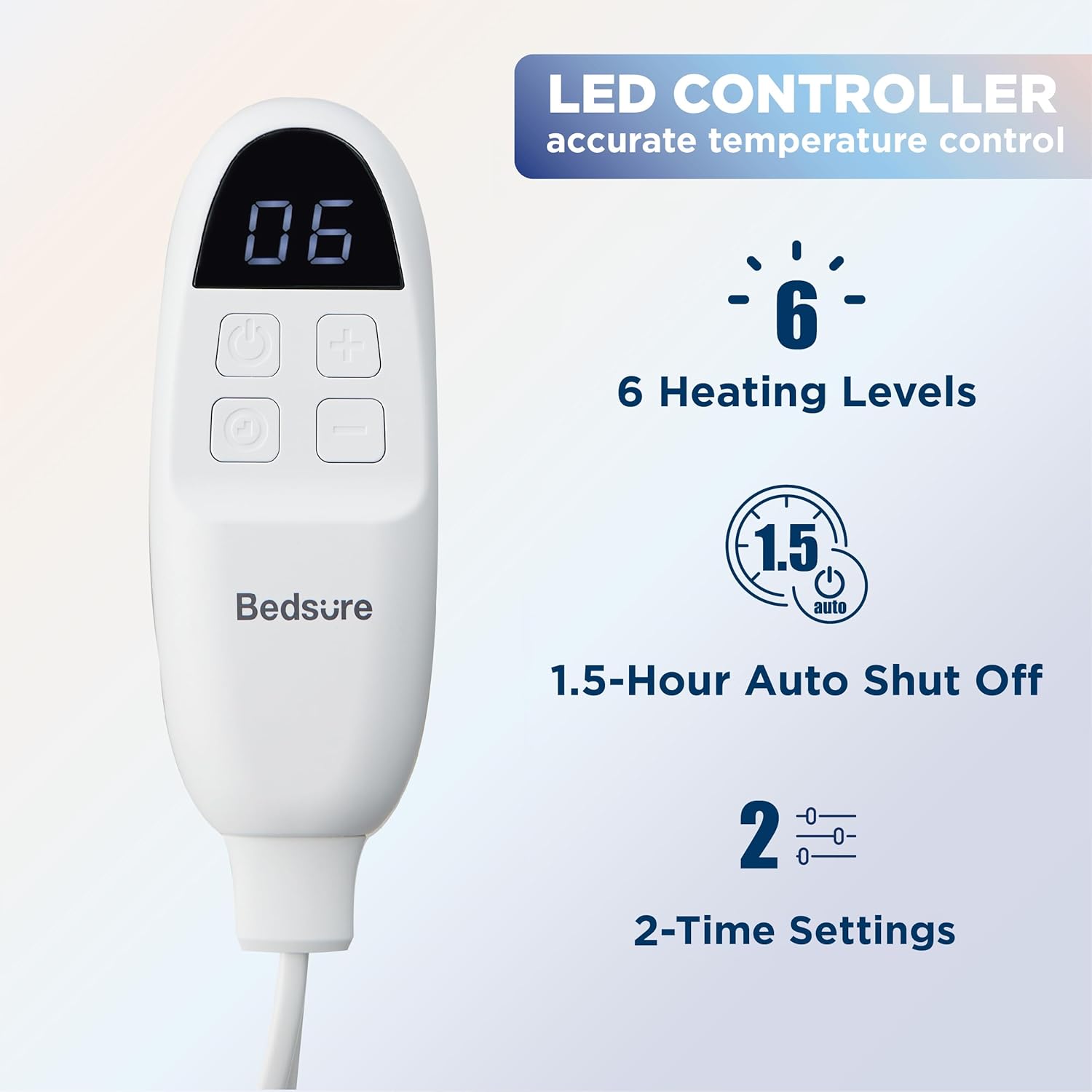 LED controller showing 6 heating levels, 1.5-hour auto shut-off, and 2-time settings.