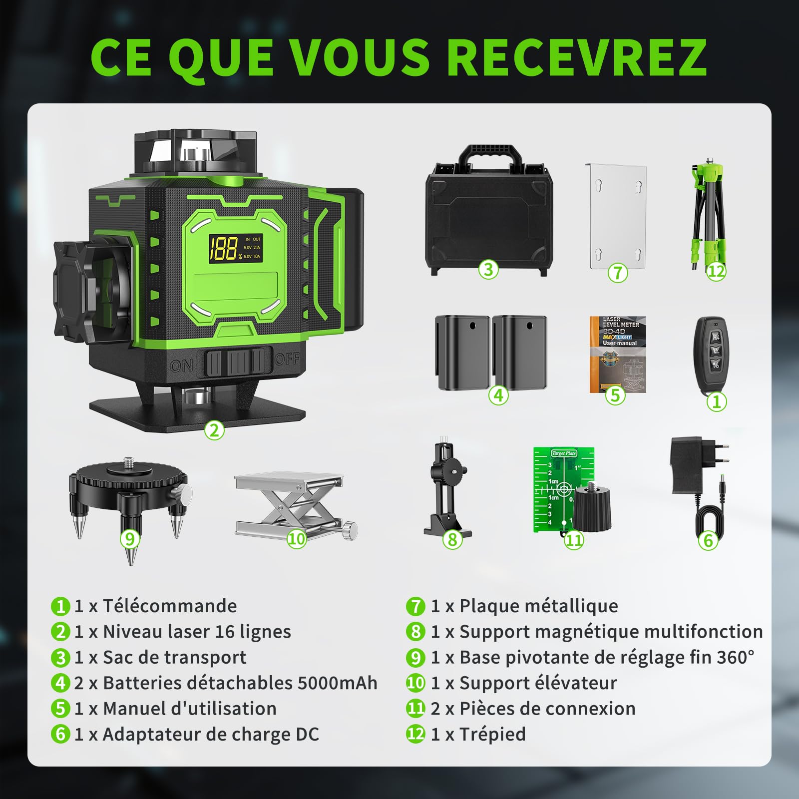 Nivel Laser Autonivelante 360 Grados, Nivel Láser Verde 16 Líneas, 2 x 360 Horizontal y 2 x 360 Verticales, 2 x Batería, Montaje en Pared, Control Remoto, Base Magnética, Soporte Giratorio