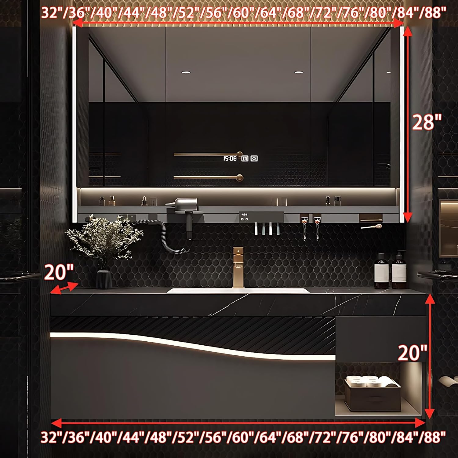 Bathroom Vanity with Sink - Modern Bathroom Vanity with Smart LED Defogging Mirror & Drawers, Solid Wood Sink Cabinet, Wall Mounted (60IN,Smart Mirror Cabinet)