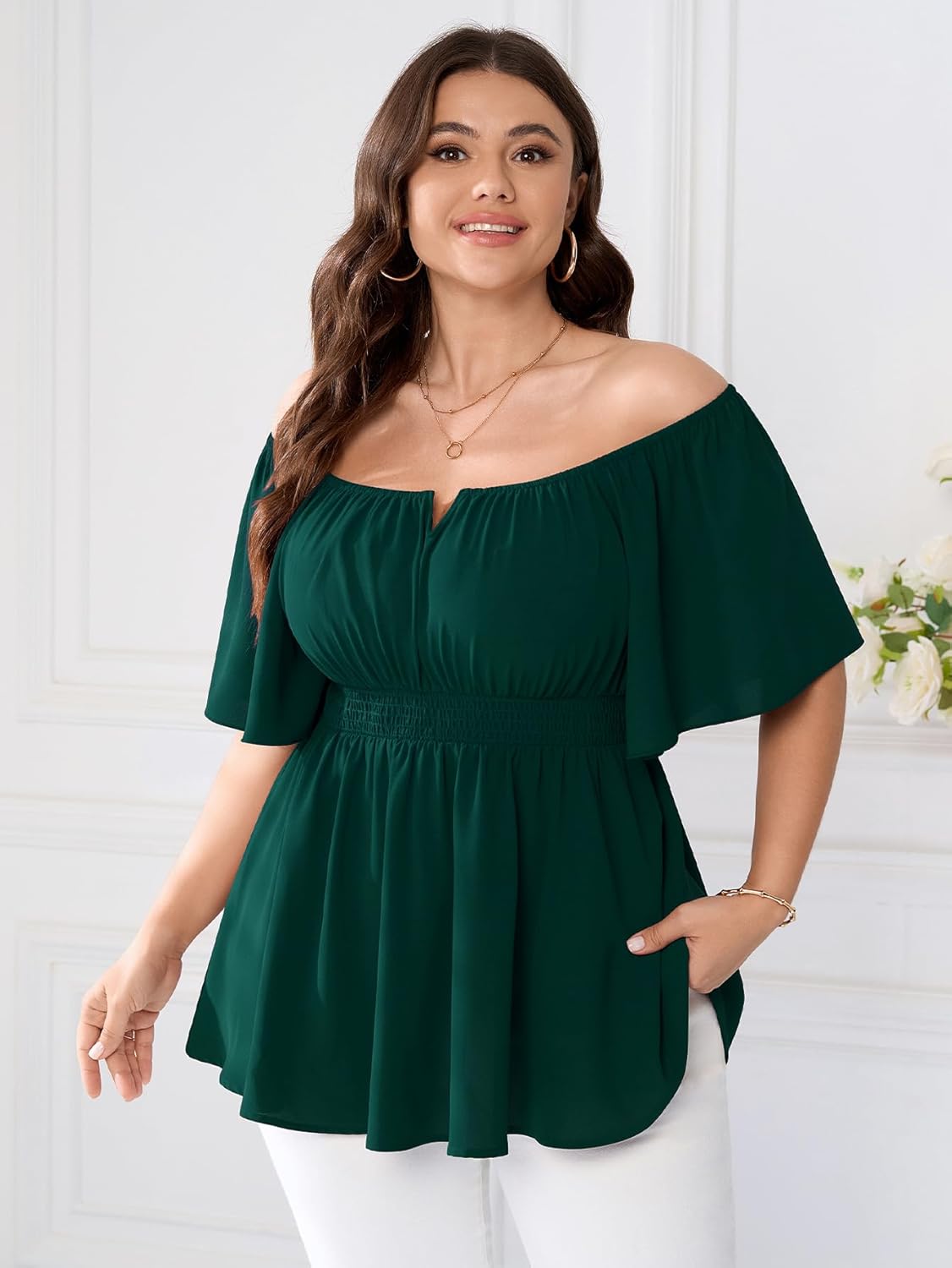 SCOMCHIC Womens Plus Size Peplum Tops Off The Shoulder Blouses Smocked Ruffle Babydoll Summer Top - Image 4