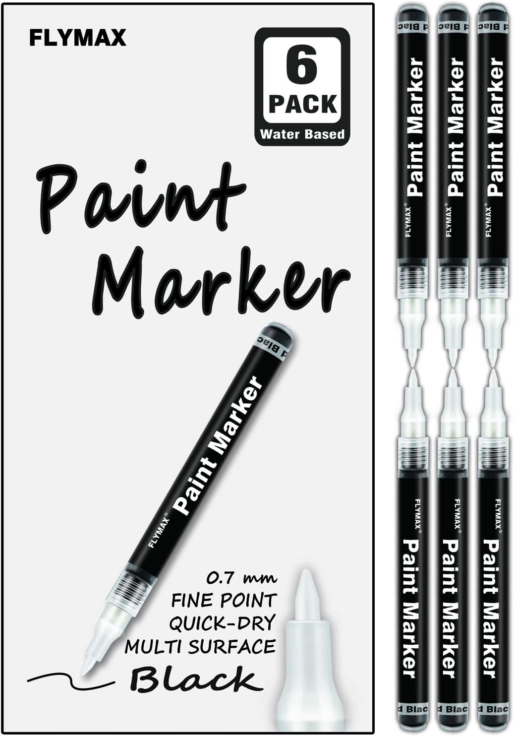 FLYMAX Black Paint Pen, 6 Pack 0.7mm Acrylic Black Permanent Marker for Glass Ceramic Rock Leather Plastic Stone Metal Canvas Enamel Waterproof Writing Extra Fine Point