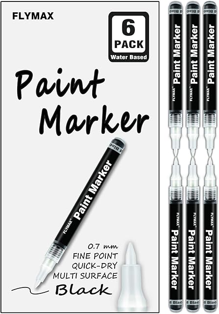 FLYMAX Black Acrylic Paint Pen, 6 Pack 0.7mm Acrylic Black Permanent Marker Black Paint Pen for Glass Ceramic Rock Leather Plastic Stone Metal Canvas Enamel Marker Waterproof Writing Extra Fine Point