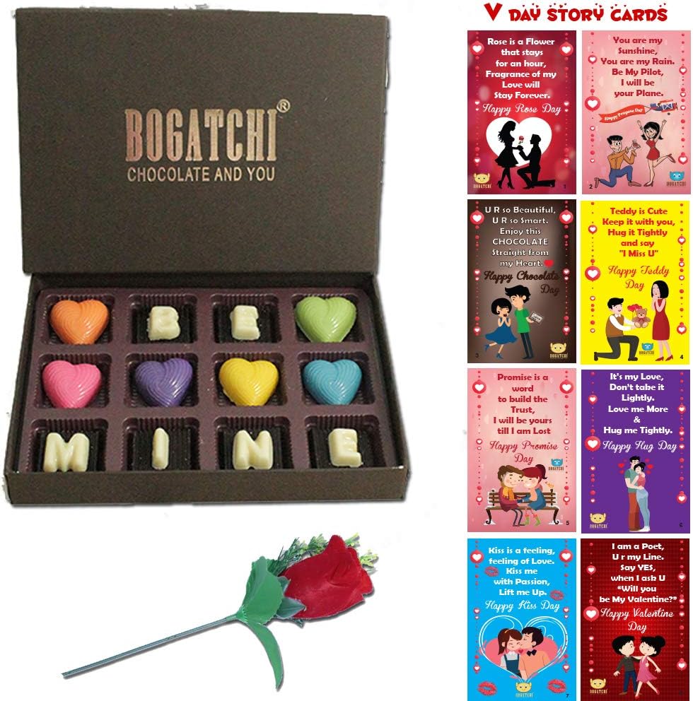 BOGATCHI Love Theme Valentine Day Chocolate Gift Box - BE Mine - for Girlfriend- Boyfriend- Wife- Husband, 12pcs, + Free Valentines All 8 Days Cards and Rose