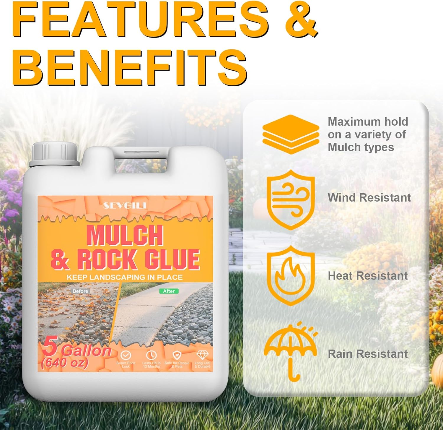 5 Gallon Mulch Glue for Landscaping, SEVGILI Rock Glue & Gravel Binder, Pet Safe & Plant Safe, Non-Toxic Ready-to-Use Gravel Lockdown, 100% Permeable & Fast-Dry Strong Pea Gravel Stabilizer
