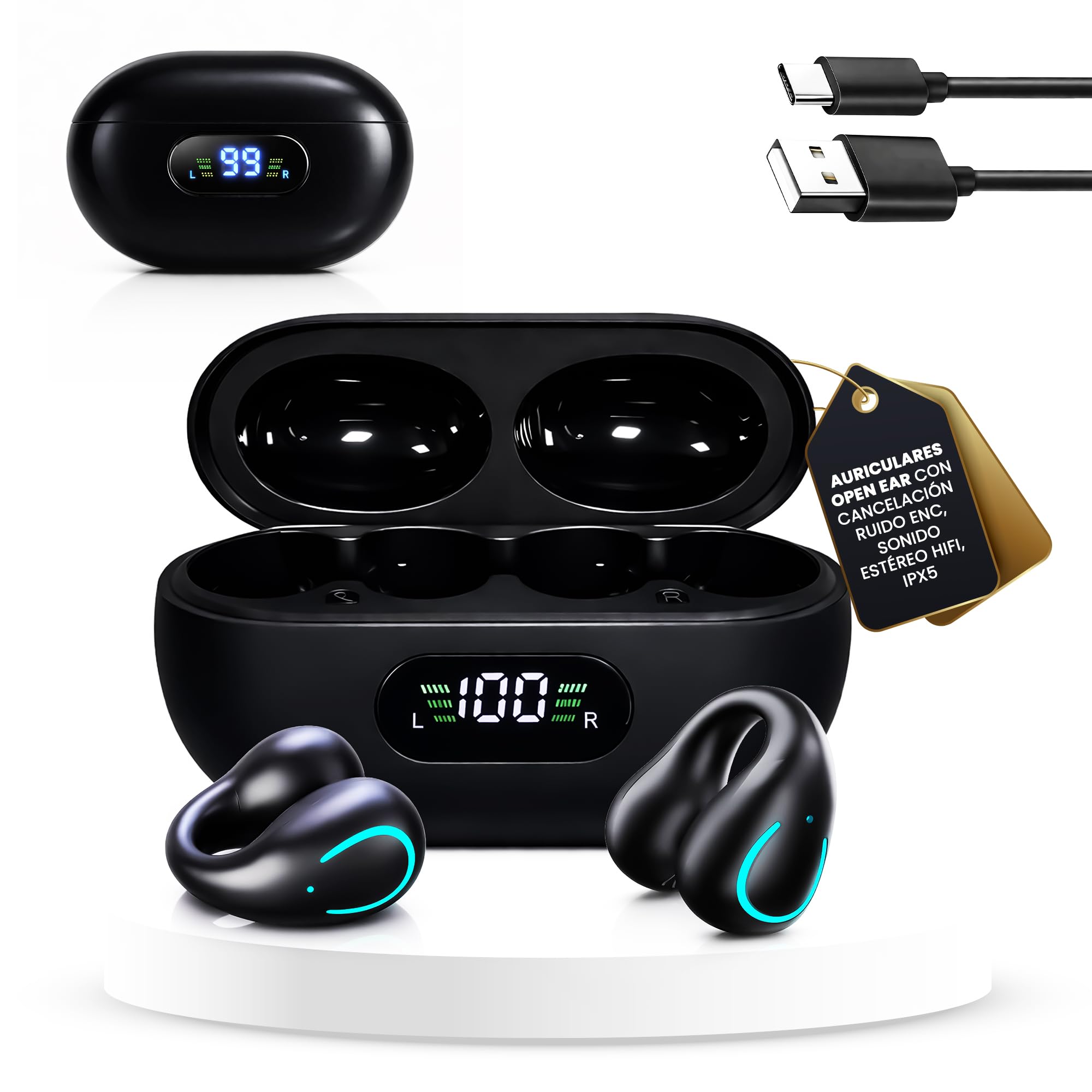 VIPA - Cuffie di guida Osea Bluetooth 5.4 - Cuffie sportive senza fili - Cuffie Open Ear con cancellazione del rumore ENC, audio stereo HiFi, IPX5, custodia di ricarica con display LED.