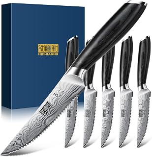 HOSHANHO 6-Teilig Steakmesser-Set, 11,5 cm Steakmesser Set mit Japanischer Wellenschliffklinge, Ultrascharfes Steakmesser aus Pulverisiertem Kohlenstoffstahl mit Pakkaholzgriff