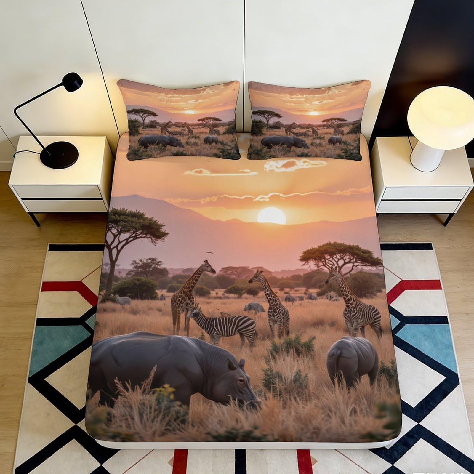 3D Printed Savannah Sunset Fitted Sheet Microfiber Breathable African Wildlife Mattress Cover Bedroom Decor 90x200x25cm