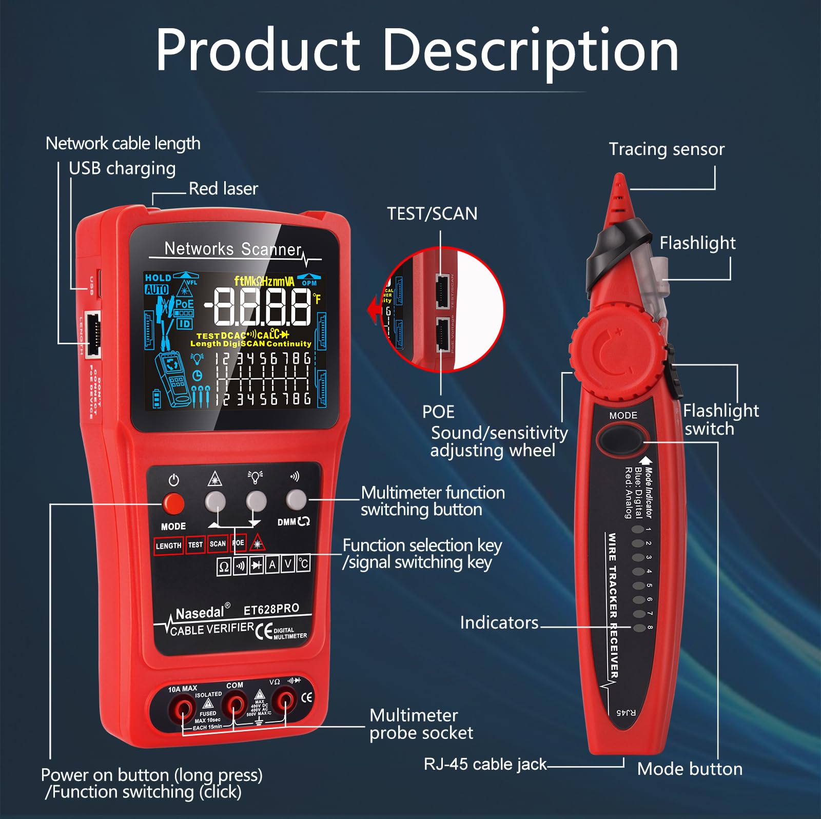 Network Cable Tester Wire Tracker Tone Generator Ethernet Tester Multímetro VFL 3 en 1 RJ45 CAT5 CAT6 CAT7 CAT8 RJ11 Tone BNC Tester PoE Test Cable Length Cable