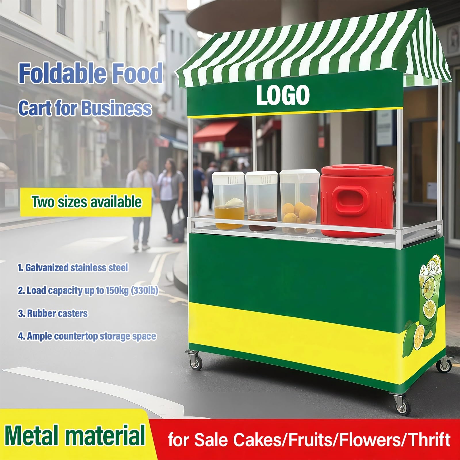 Marktstand Verkaufsstand Mobiler Verkaufswagen, Faltbarer Outdoor-Food-Cart Mit Gestreifter Markise, Doppellagigen Ablagen Und Feststellbaren Rollen, Für Märkte, Street-Food, Getränke & Events