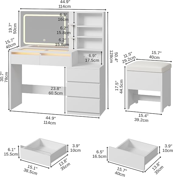 IRONCK Dressing Table with Mirror and 3-Color Lights, Transparent Glass Top & Charging Station, Vanity Desk with 5 Drawers, Dressing Chair, 6 Open Shelves, Modern Vanity Table for Bedroom, White