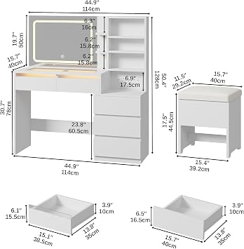 IRONCK Dressing Table with Mirror and 3-Color Lights, Transparent Glass Top & Charging Station, Vanity Desk with 5 Drawers, Dressing Chair, 6 Open Shelves, Modern Vanity Table for Bedroom, White
